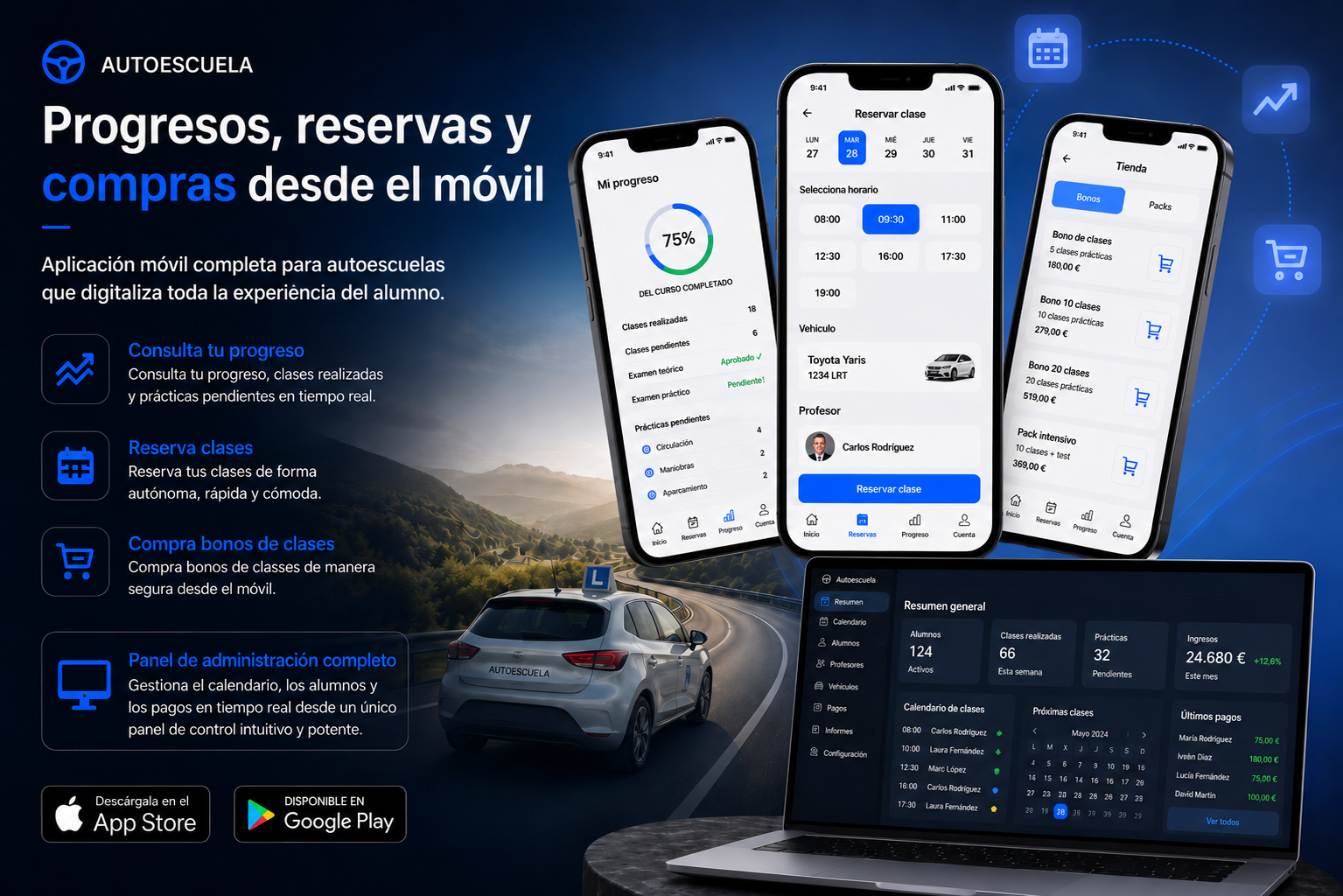 App autoescuela - reservas, progreso y compras